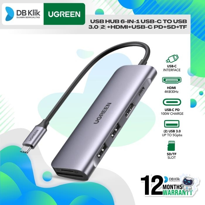 USB Hub 6in1 UGreen USB-C to USB 3.0x2+HDMI+USB-C PD+SD+TF (70411)