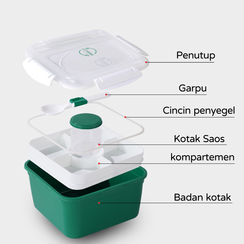 Letyeah &amp; Kaizenliving Lunch box free Tas Bekal kotak bekal anti tumpah wadah saus square kotak tempat hijau