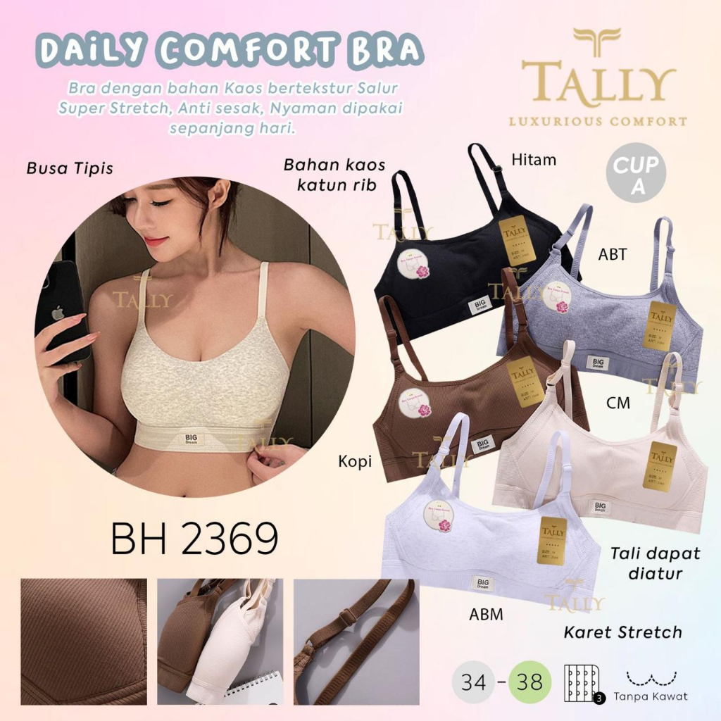 TALLY BRA BH HARIAN / SPORT 2369 (TALI PUNDAK KECIL) I CUP A I BUSA TIPIS I TANPA KAWAT I KAIT 3 I SIZE 34 - 38