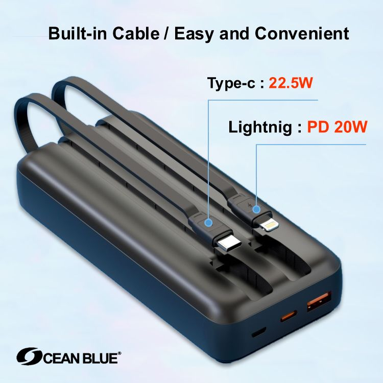 Ocean Blue OCN Power Bank 10000 20000 30000mAh USB Cable Built in Powerbank PD 22.5W QC 3.0 Super fast Charging