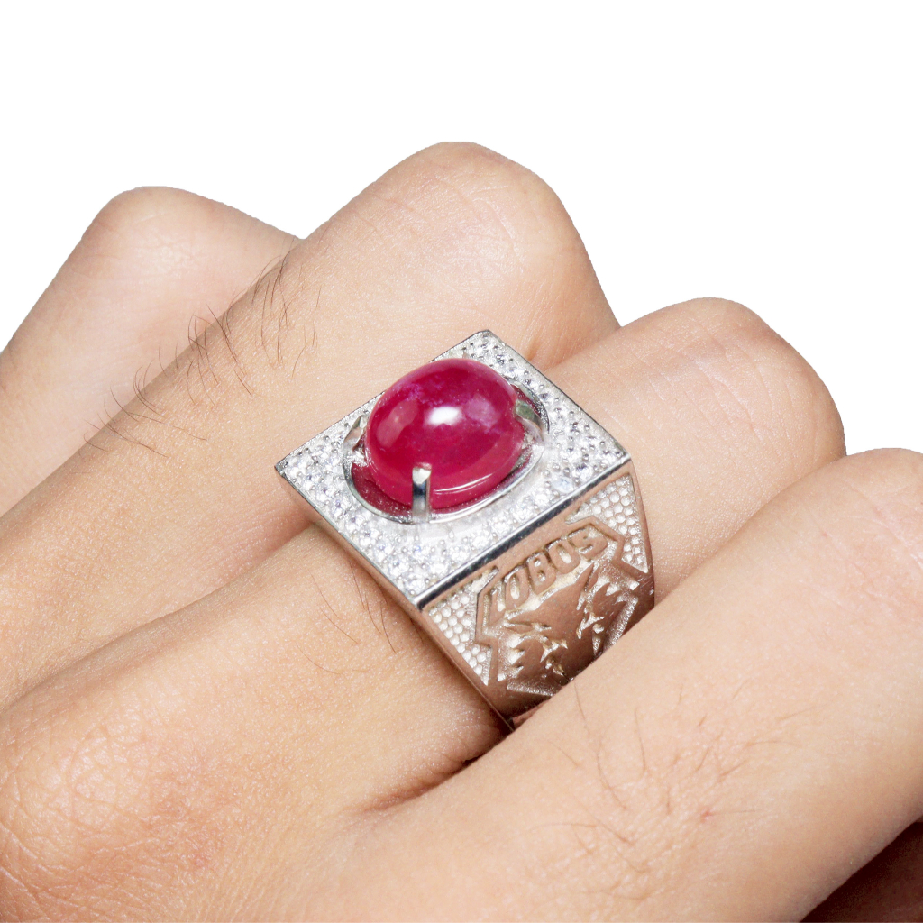 Cincin Alpaka Natural Permata Red Ruby Corundum