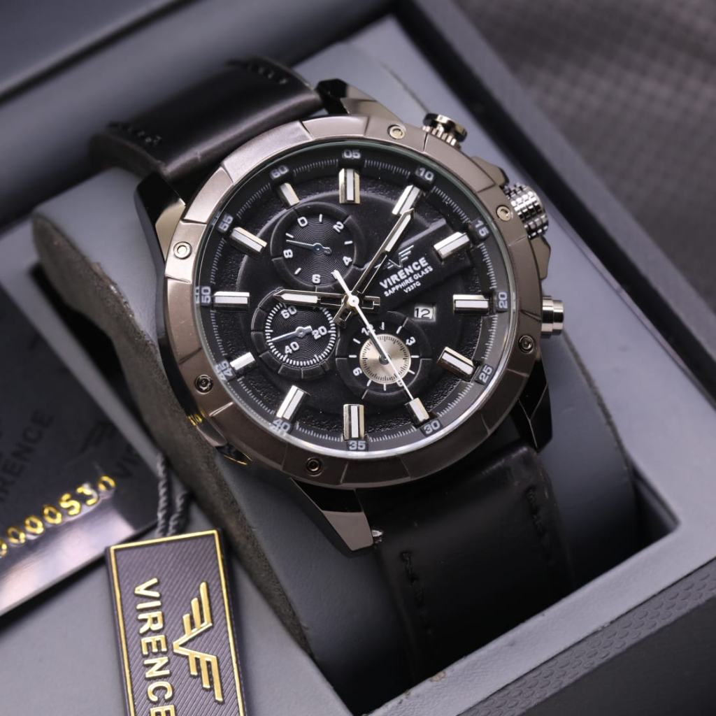 JAM TANGAN PRIA VIRENCE LS - 023 TALI KULIT CHRONO VARIASI TANGGAL AKTIF