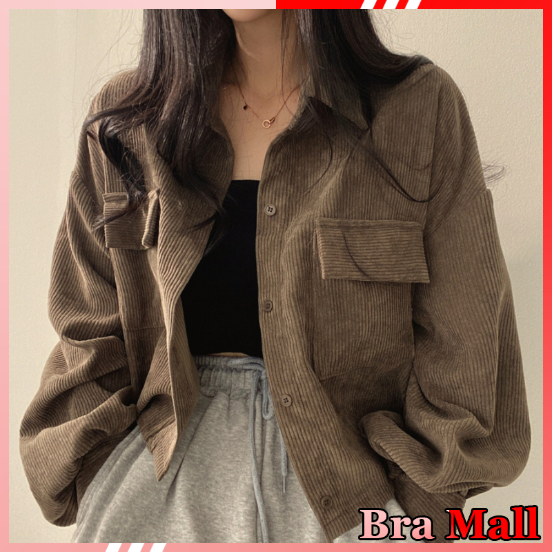 【 Bra Mall 】BJ-041 Jaket Corduroy Wanita Outer Crop Jacket Hitam Korean Retro Style Vintage Pakaian Wanita