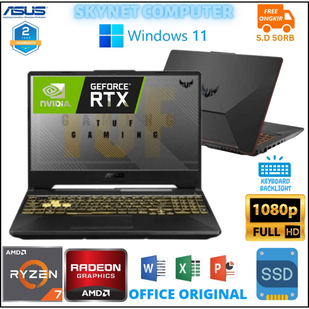 LAPTOP ASUS TUF GAMING A15 FA506ICB AMD RYZEN 7 4800H RAM16GB SSD512GB RTX3050Ti 4GB WINDOWS 11 DAN OHS ORIGINAL