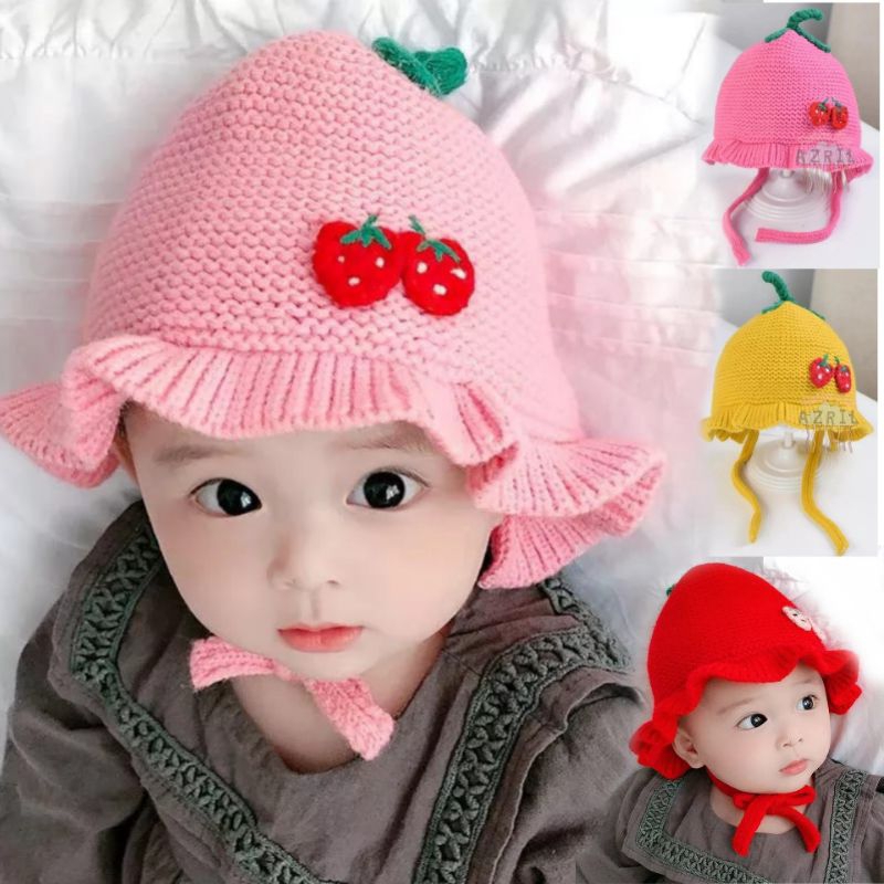 [rumahbayipdg] Topi kupluk bayi bonnet ruffle hat baby girl // kupluk anak bayi strawberry