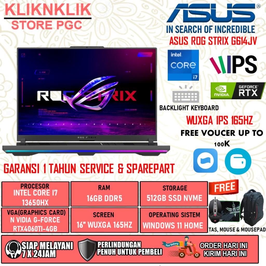 LAPTOP GAMING ASUS ROG STRIX G614JV INTEL CORE I7 13650HX RAM 16GB 512GB SSD RTX4060-8GB 16.0 WUXGA IPS 165HZ 4ZRGB WIN11HOME GRAY