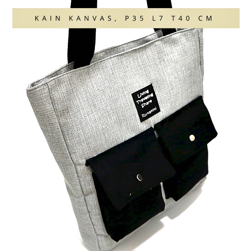 (COD in AJA) Tas Totebag Ukuran Sedang Semi kain Metro Wanita Awet Kuat Totebag Elegan Hitam Gelap