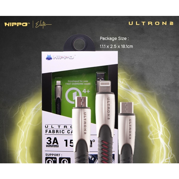 Hippo Elite Ultron 2 Micro Type C Lightning USB Port Cable 100cm 3A