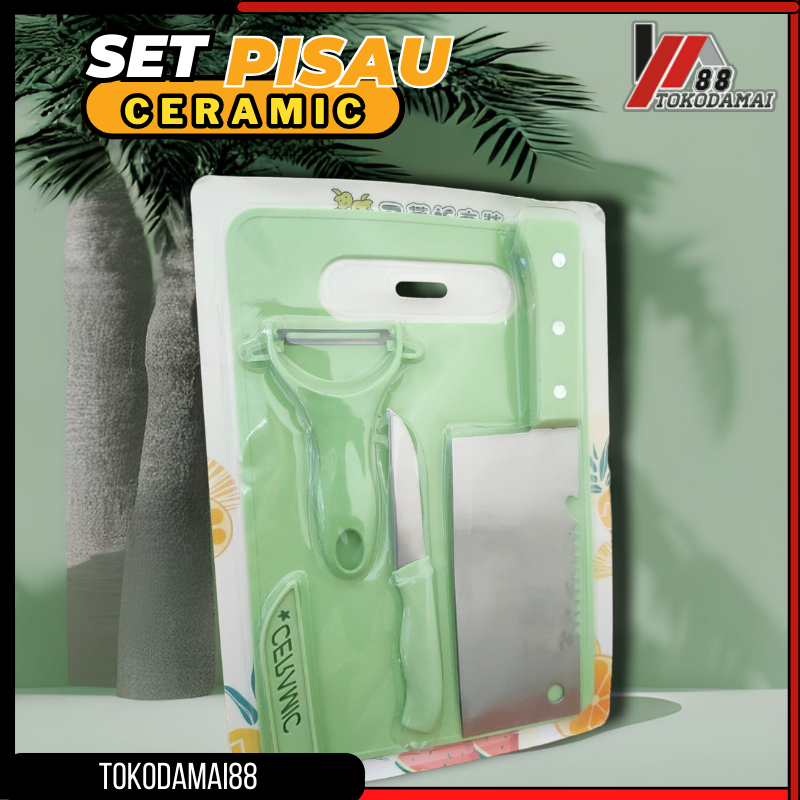 Pisau Set Keramik 4 in 1 Talenan Set Knife Set Peeler Buah