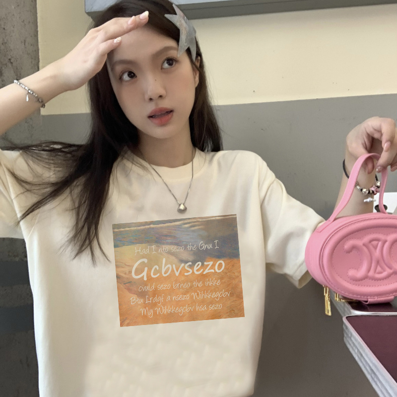 Print T-shirt Kaos Lengan Pendek Retro Sunset Landscape Printing Oversize Atasan Wanita Korean Style