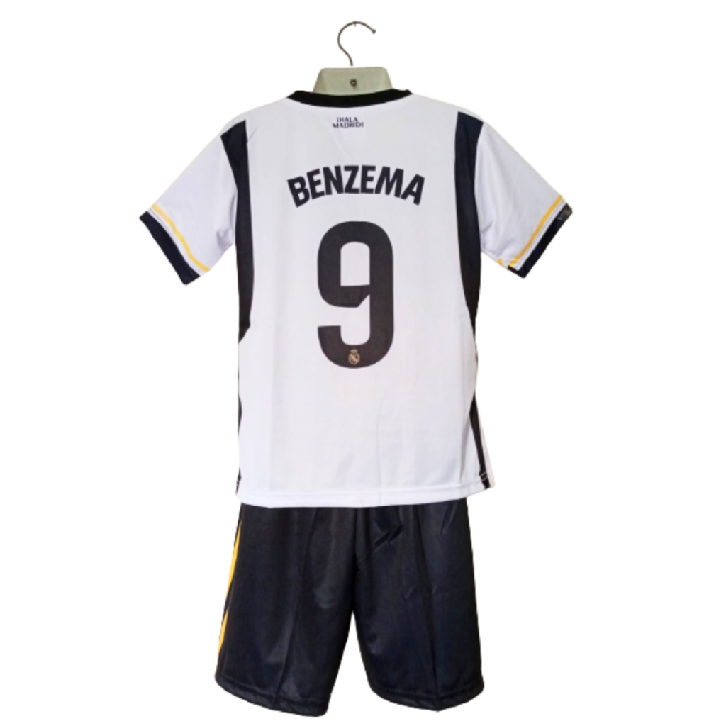 Kaos sepak bola anak jersey soccer club baju dan celana setelan t-shirt outfit jersy futsal seragam klub kostum olahraga pakaian apparel multi jersi sports real madrid benzema navy