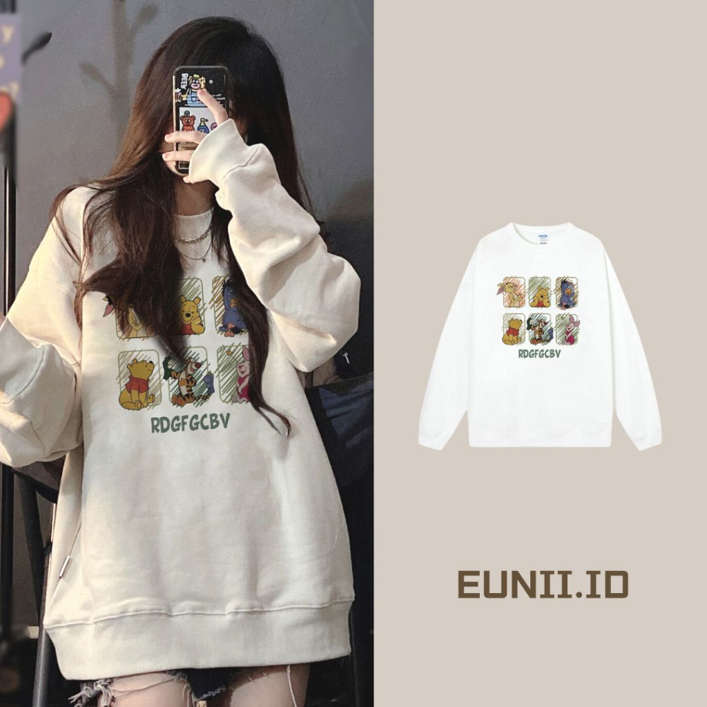 EUNII Sweater Lengan Panjang Cartoon Winnie The Pooh Printing Korean Style/Sweater Crop/Baju Wanita/Switer Wanita/Switer