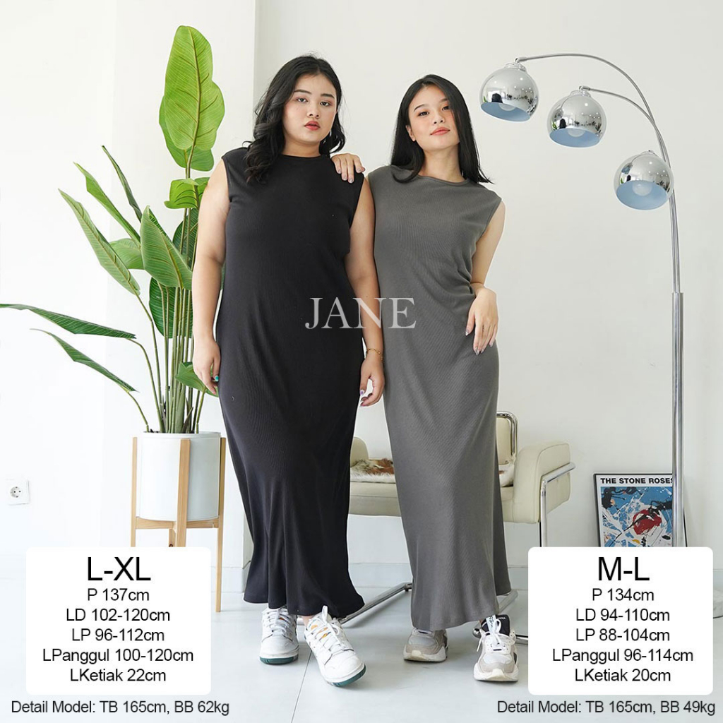 JANE COLLECTION || Long Dress Bodycon Hitam Inner Dress Maxi Panjang Ukuran Bigsize Jumbo M L XL Basic Dalaman Blazer Cardigan Hijab Muslim - Inner Dress Azeline Hitam Choco Krem