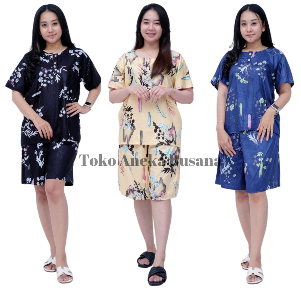 One Set Setelan Baju Tidur Piyama Pendek Motif Bunga Bahan Rayon