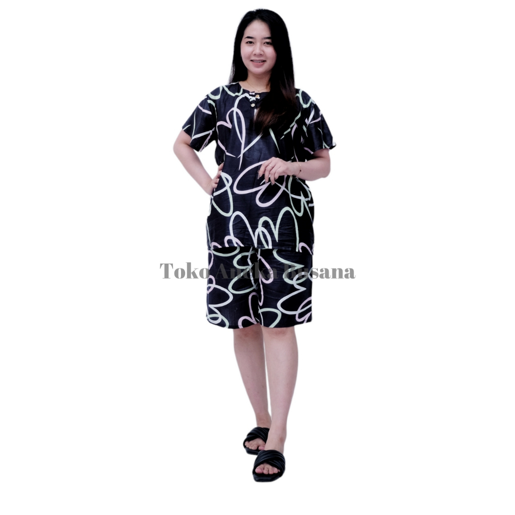 Setelan Baju Tidur Piyama Pendek Motif Love Bahan Rayon