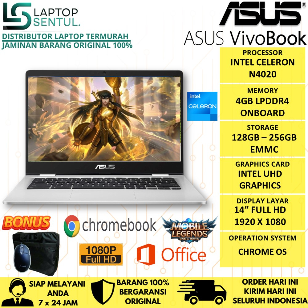 LAPTOP SLIM ASUS CHROMEBOOK C424MA INTEL N4020 RAM 4GB 256GB EMMC FHD CHROME OS
