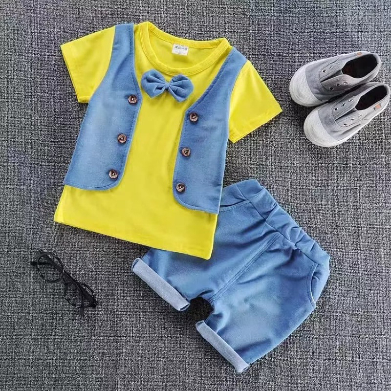Setelan formal anak cowok 9 Bulan-3 Tahun / Baju casual anak laki laki / Setelan formal denim trendy / Grosir baju anak import