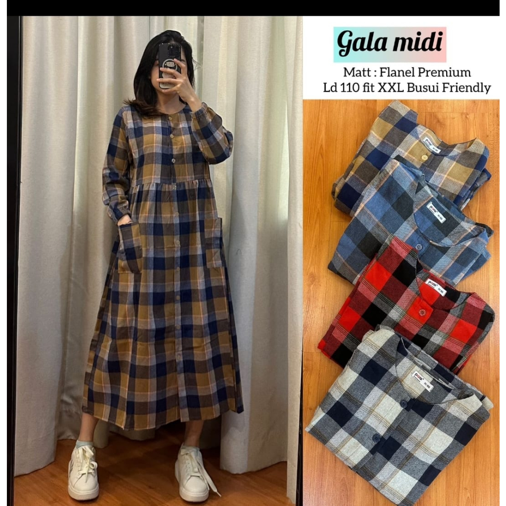 GALA MIDI KOTAK BAHAN FLANEL / MIDI DRESS LENGAN PANJANG KOTAK FLANEL