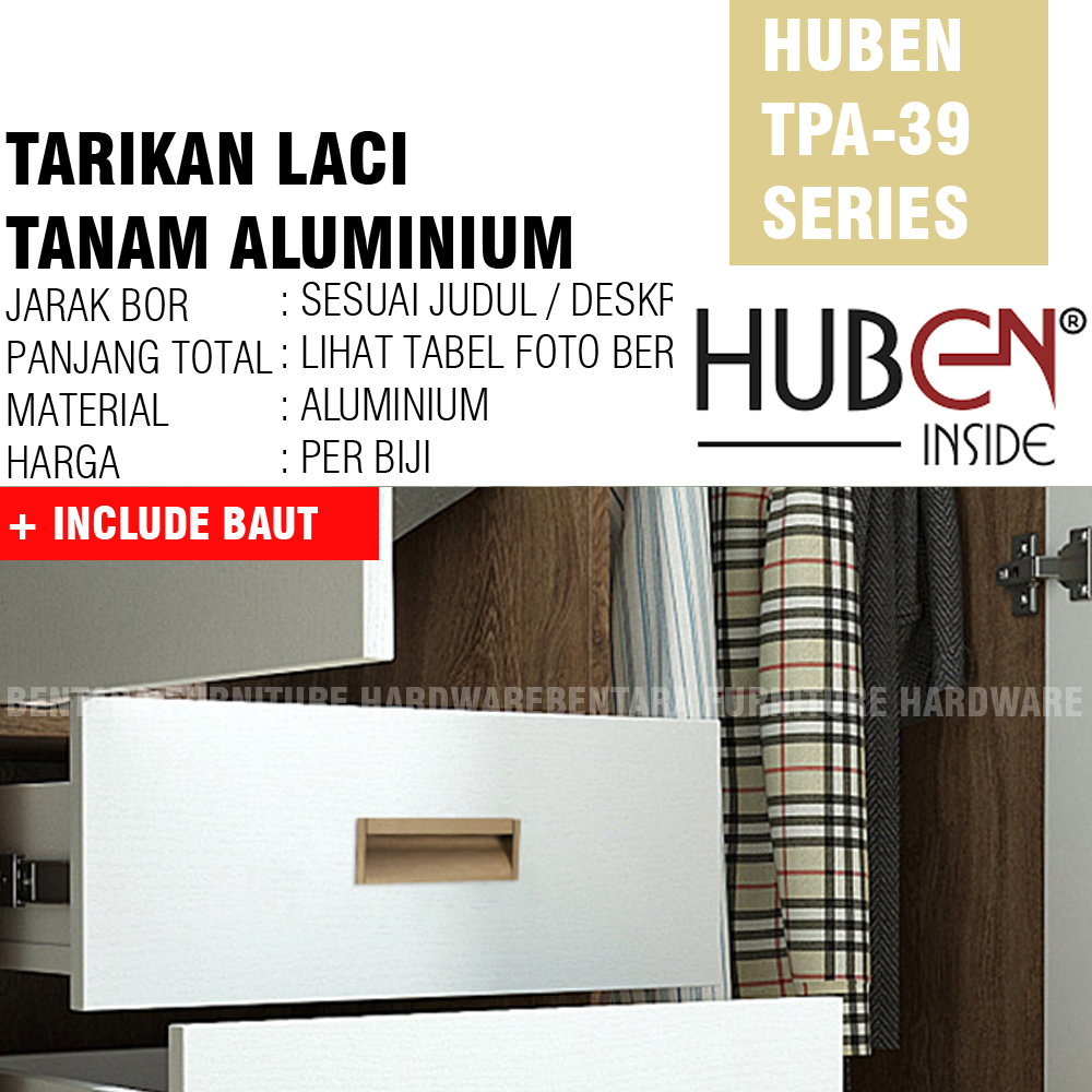 HUBEN TPA-39 128 MM ANODIZE - Tarikan Laci Tanam Meja Lemari Kabinet Gagang Pintu Handle Drawer Aluminium