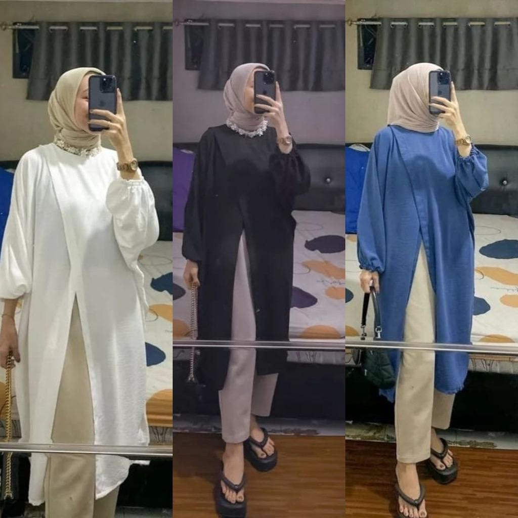 Balqisa Tunik Silang Crinkle Airflow Premium Atasan Wanita Belah Lengan Balon Terbaru