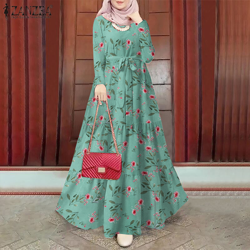 ZANZEA Women Muslim Daily Floral Print Belt Back Button O Neck Dress