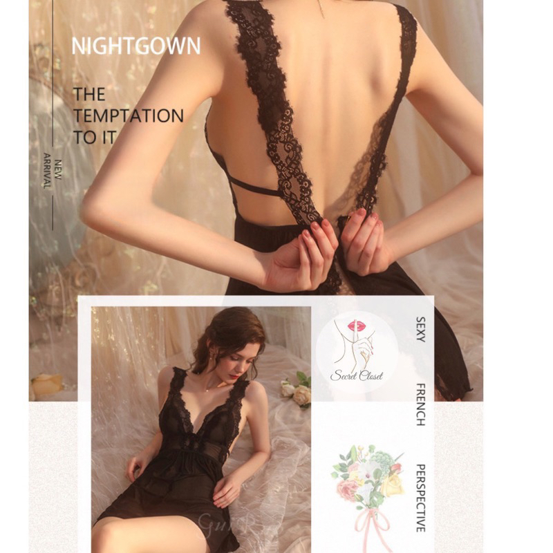 SecretCloset - Lingerie Night Gown Baju Tidur Seksi Dress Sexy Lace Renda Premium Lembut Dress Baju 
