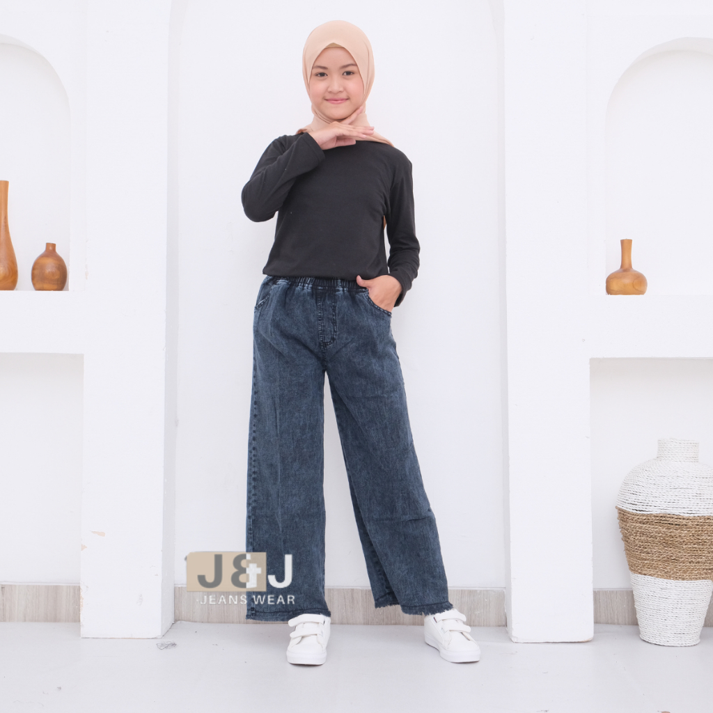 Celana Kulot Jeans Longgar Pinggang Karet Unfinished