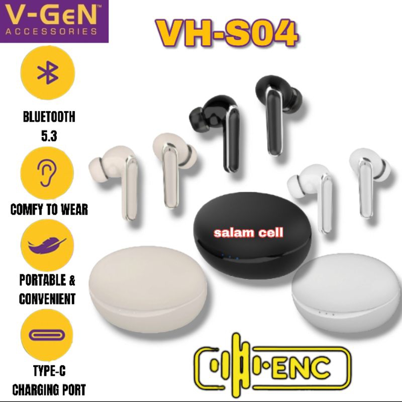 Headset Bluetooth V-Gen VH-S04 TWS Bluetooth 3.0 Original Vgen Vhs04 Garansi Resmi