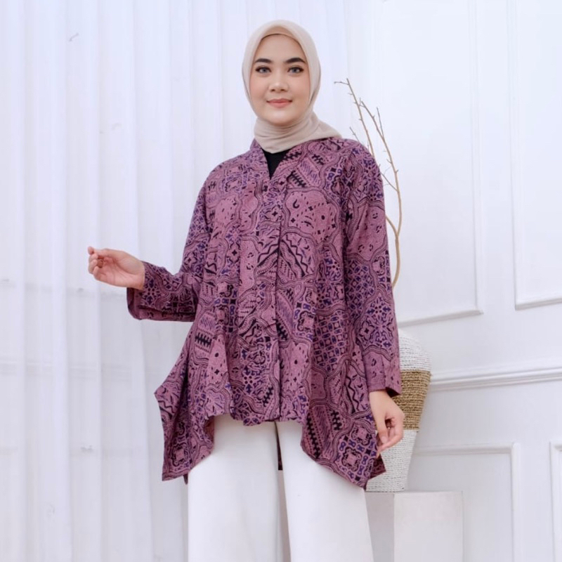 Blouse Batik Kartini Wanita Modern Jumbo Warna Ungu Bahan Paris