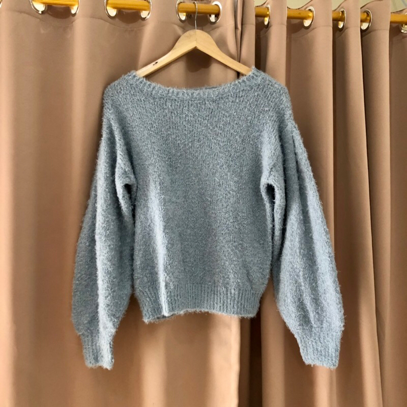 Denim Blue Fuzzy Sweater Lengan Balon