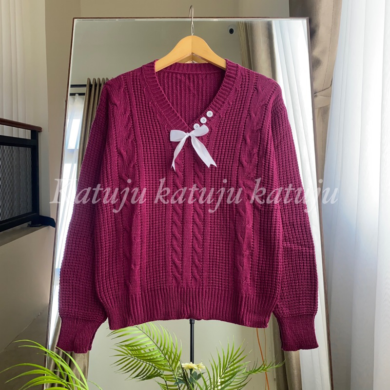 Blouse rajut kerah V neck pita Frisly