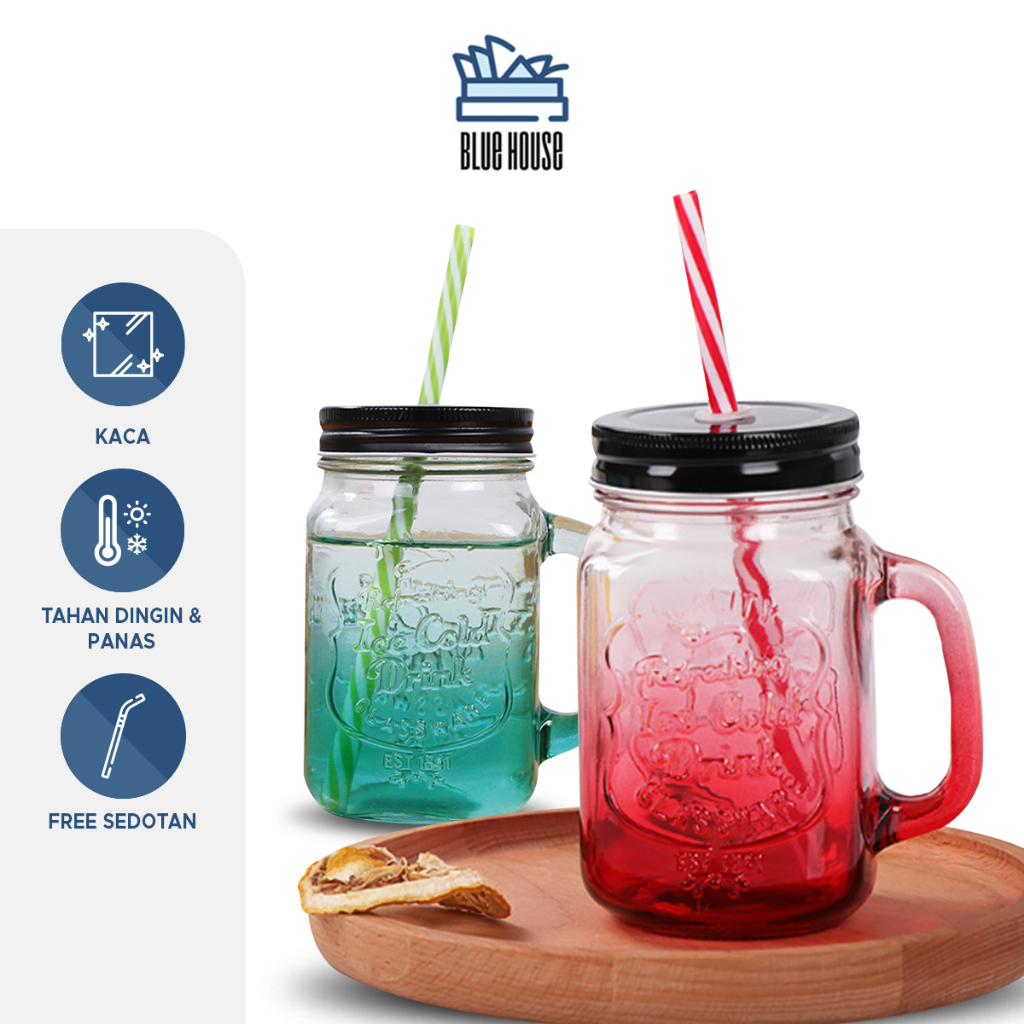 Gelas Cangkir Air Minum Coffe Kaca Kekinian Unik Glass Mug Cup Dengan Penutup Dan Sedotan