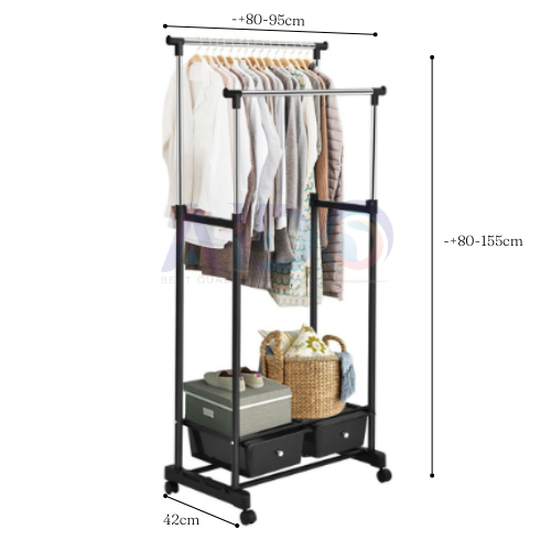 DOUBLE Rod Rack dan SINGLE Rod Rack Rak Baju Serbaguna Gantungan Laundry Stand Hanger 4 Roda Stand Hanger Single Stand