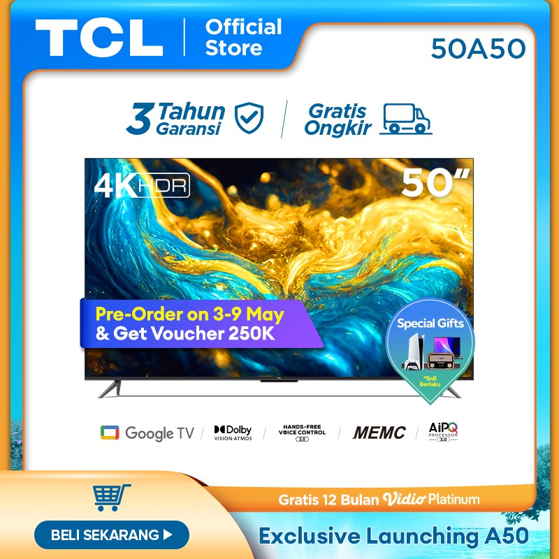 [New 2023] TCL 50A50 Google Android TV 4K 50 inch MEMC  HDR10 DolbyAtmos Digital DVB-T2