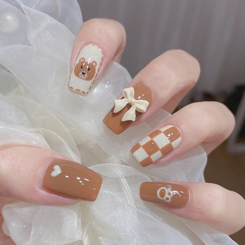 [ COD ] NAILART KUKU PALSU MOTIF COKLAT PUTIH TEDDY PITA : 1 SET ( 24 PCS ) KUKU PALSU FAKE NAILRT L