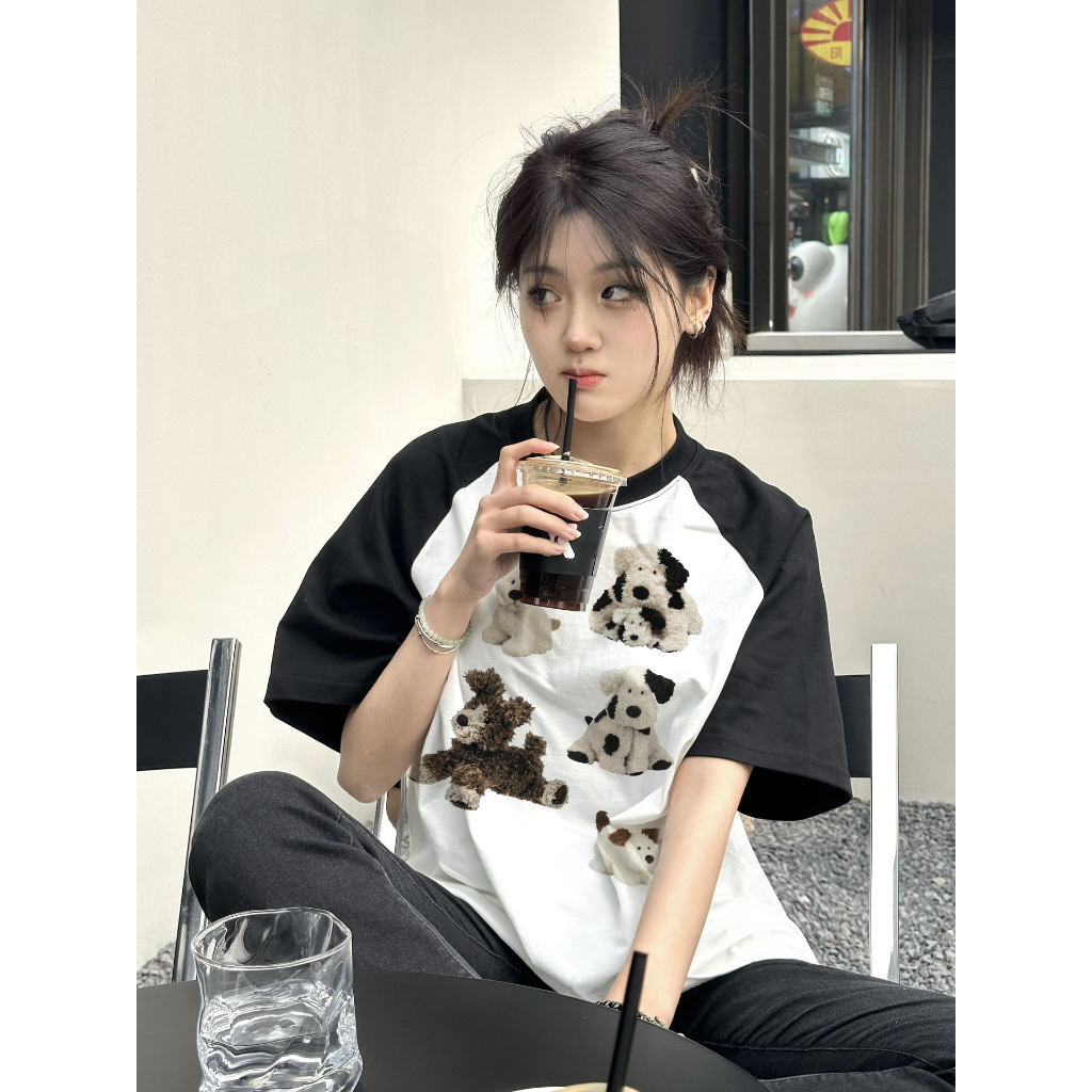 EUNII T-shirt Lengan Pendek Retro Plush Dog Korean Style/Kaos Atasan Wanita/Baju Kaus Oversize Wanita/Kaos Wanita