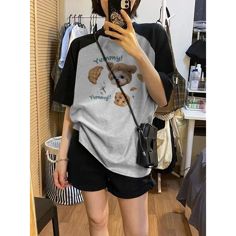 EUNII T-shirt Lengan Pendek Cute Yummy Dog Korean Style/Kaos Atasan Wanita/Baju Kaus Oversize Wanita/Kaos Wanita