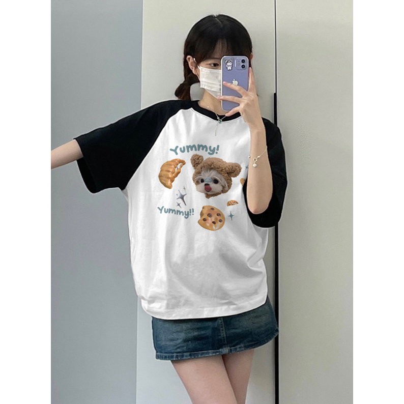 EUNII T-shirt Lengan Pendek Cute Yummy Dog Korean Style/Kaos Atasan Wanita/Baju Kaus Oversize Wanita/Kaos Wanita