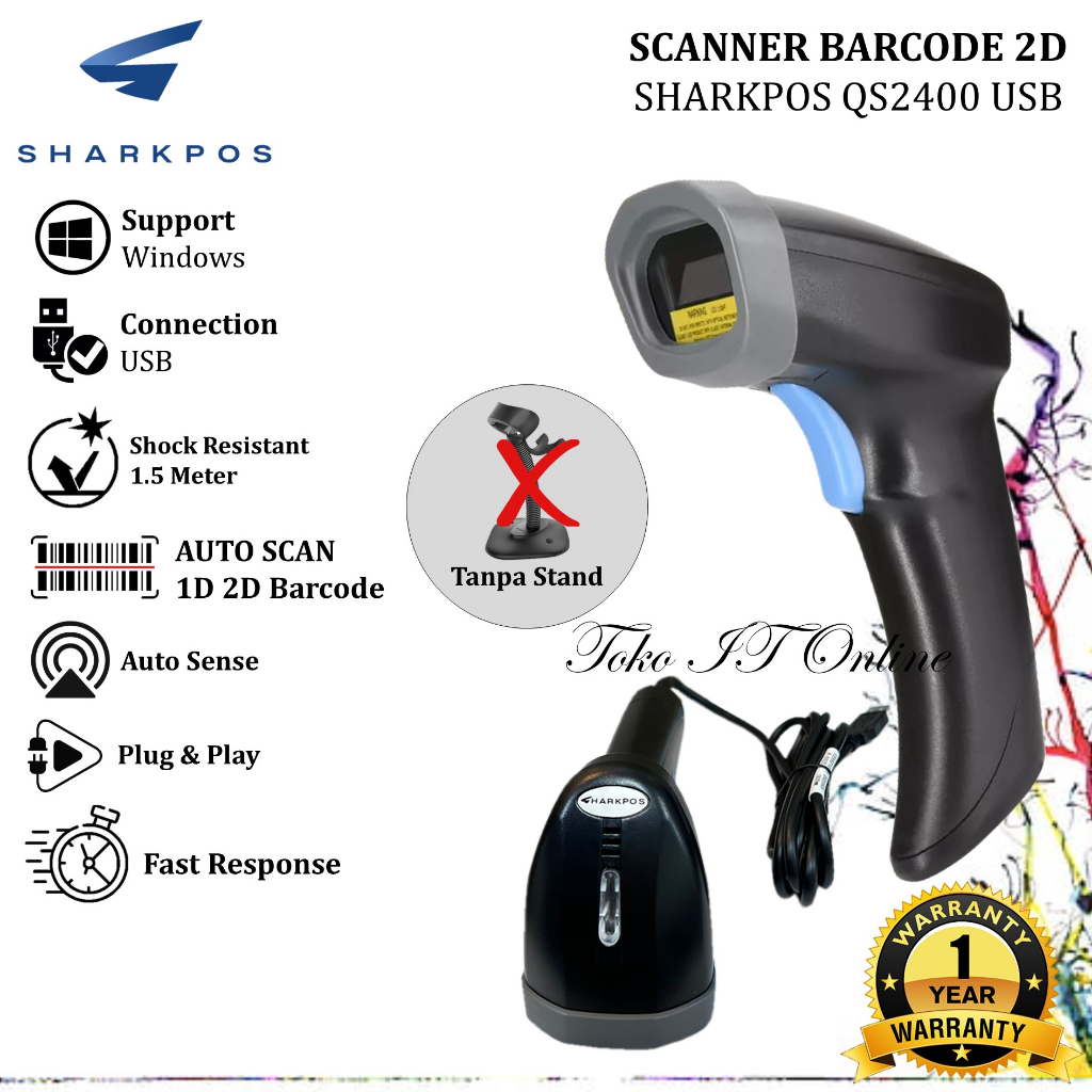 SHARKPOS QS2400 SCANNER BARCODE 1D 2D USB HANDHELD TEMBAK TANPA STAND SCAN QR CODE EFAKTUR EXPEDISI