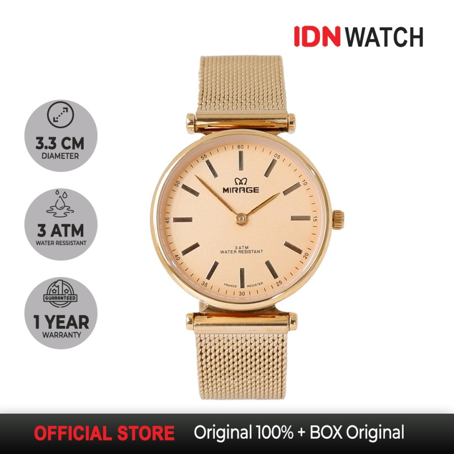 Jam Tangan Mirage Wanita Analog Mewah Emas Gold Rantai Pasir 2 Jarum 8711L