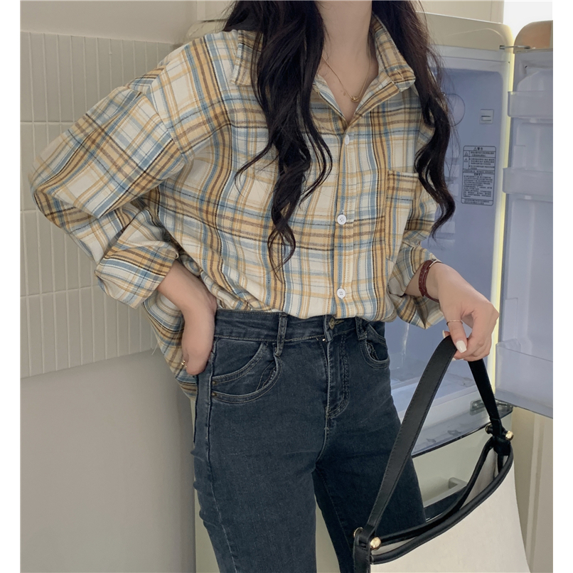 Baju Kaos Oversize Kemeja Wanita Korea Plaid Shirt Oversize Retro Panjang Lengan Semua Pertandingan Retro