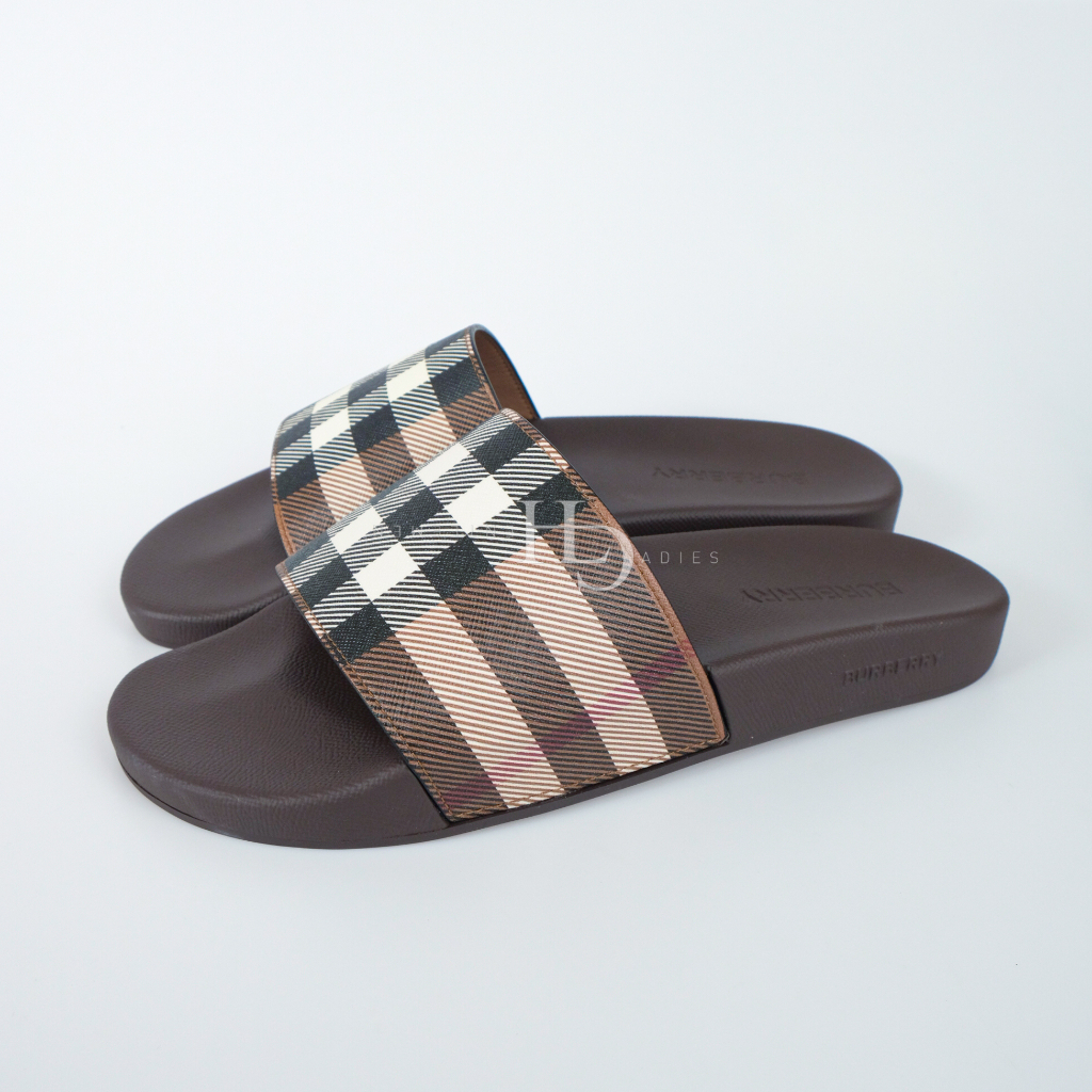 Bur berry Men Tartan Pattern Slides Dark Birch Brown