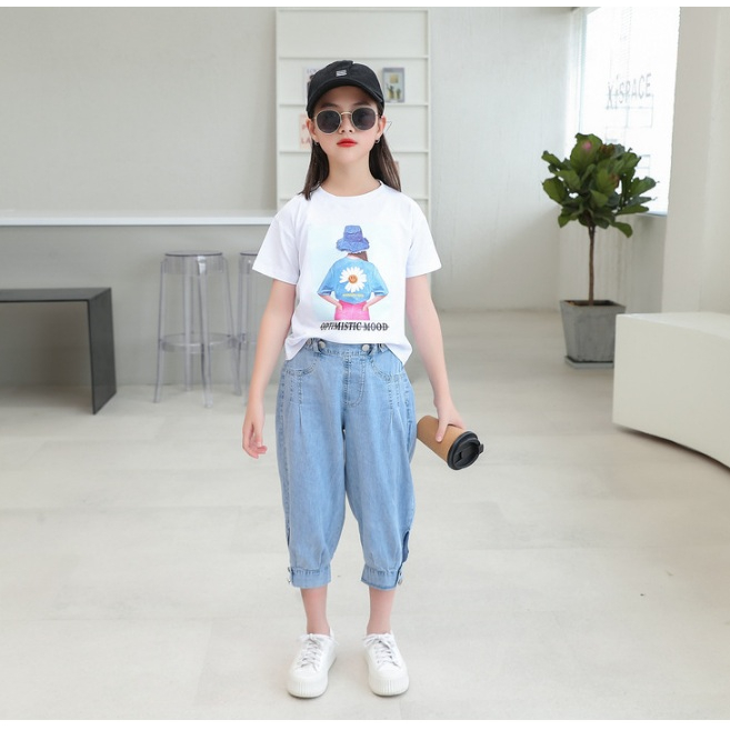 Setelan anak perempuan import MOTIF OPTIMISTIC MOOD +JEANS TEBAL- setelan anak teenager perempuan import