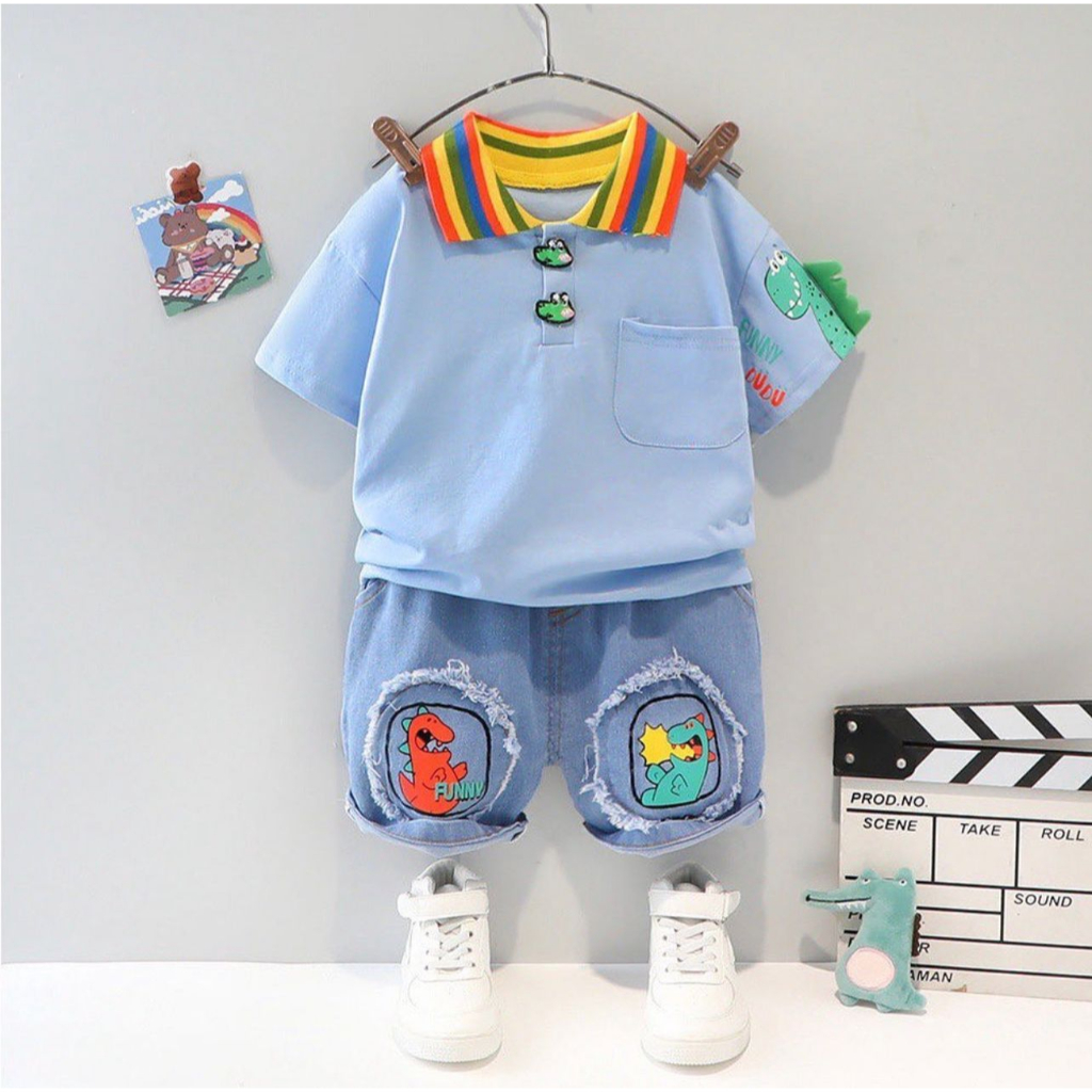 SETELAN BAJU KAOS KERAH POLO DAN CELANA JEANS PENDEK ANAK LAKI LAKI IMPORT USIA 1-5 TAHUN MOTIF DINO FUNYY DENIM/ OUTFID PAKAIAN FASHION BAYI KEKINIAN