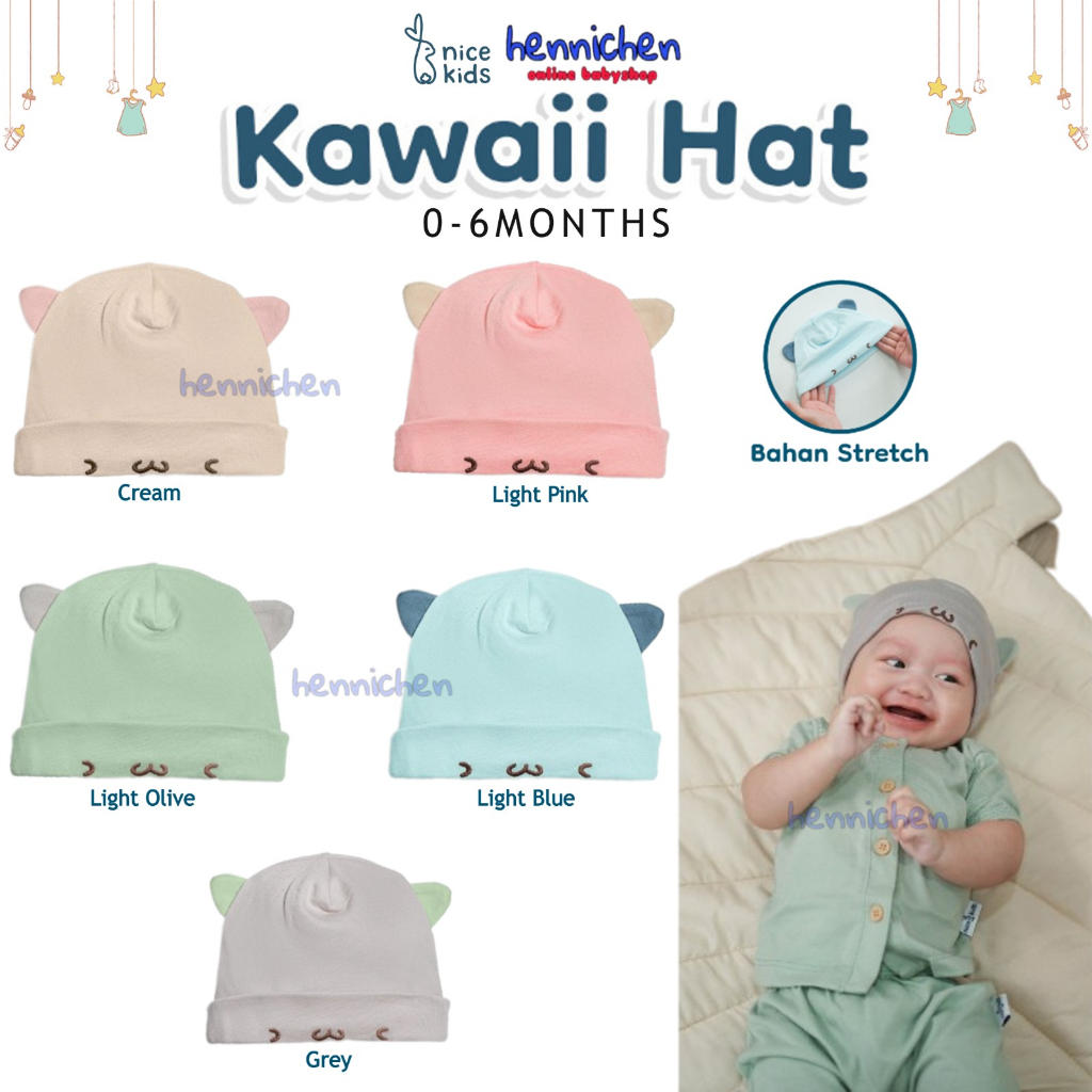 NICE KIDS KAWAII HAT BABY TOPI BAYI MOTIF KUCING NICEKIDS TOPI ANAK LUCU ALL SIZE (0-6 BULAN)