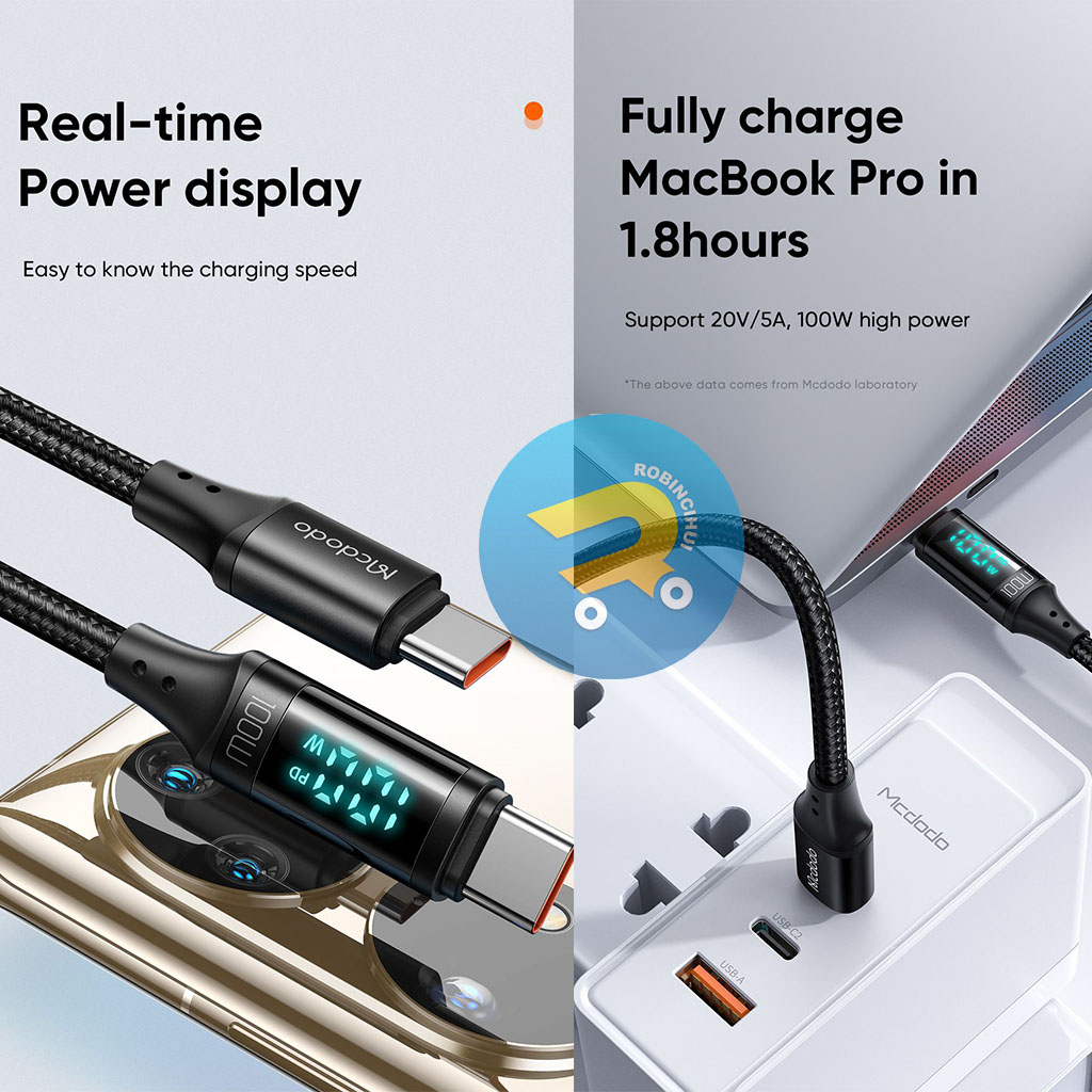 MCDODO Kabel Type C to Type C Digital Display Pro Fast Charging 5A 100 Watt - Usb C to Usb C - Type C Power Delivery Fast Charging – Charger Type C to Type C– Kabel Data Type C Samsung ORIGINAL