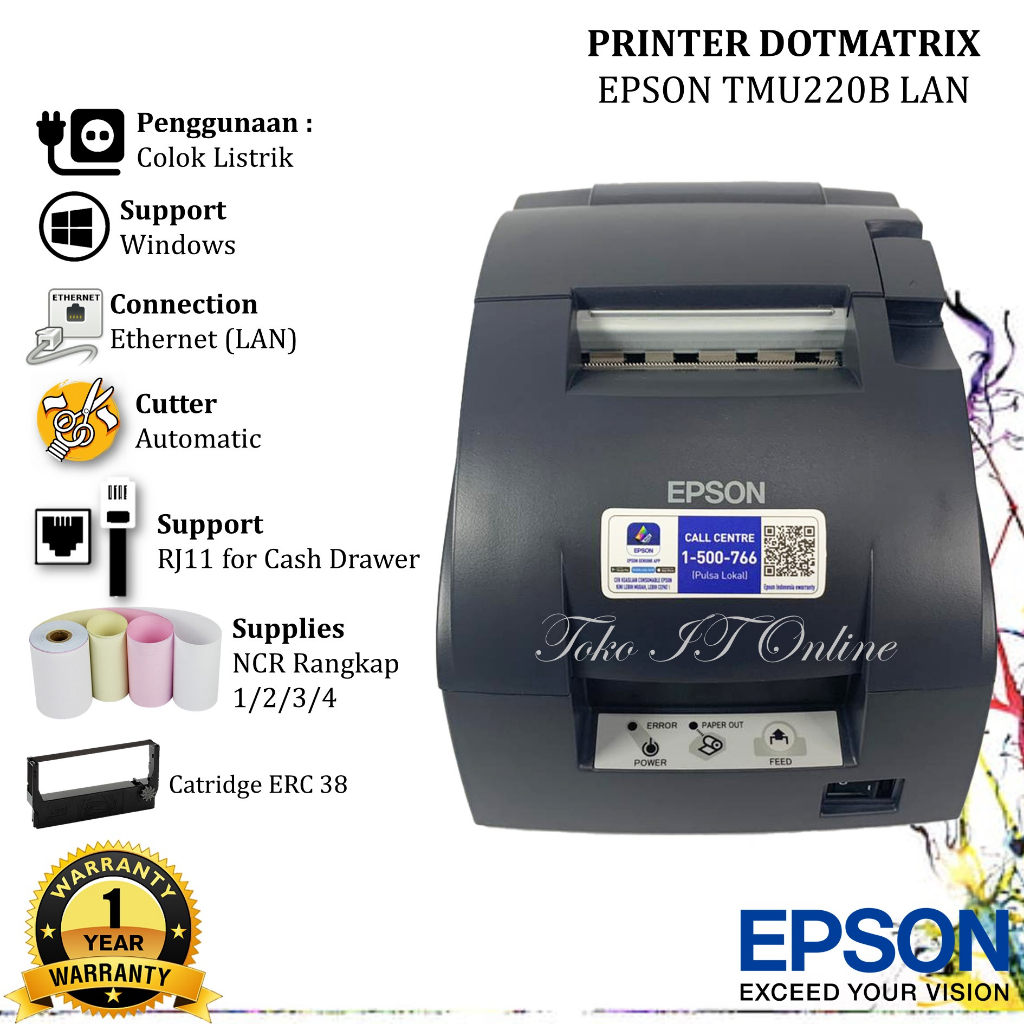 PRINTER DOT MATRIX EPSON TM-U220B USB/SERIAL/LAN AUTOCUTTER PRINTER POS TMU220B CETAK STRUK KASIR GOJEK PARKIR GARANSI RESMI EPSON