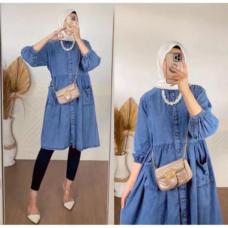 Tamstore Tunik Jeans Atasan Wanita Denim Oversize Full Kancing Keenan