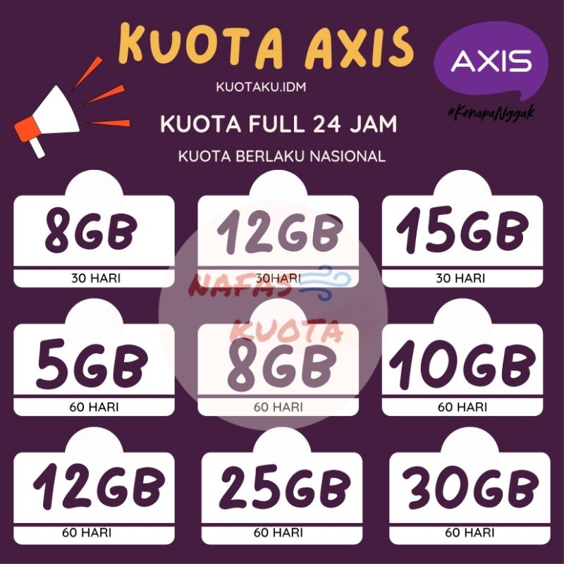 Voucher Axis Aigo 1,5GB 3GB 5GB 8GB, Masa aktif 1 bulan 28hari. KIRIM VIA CHAT