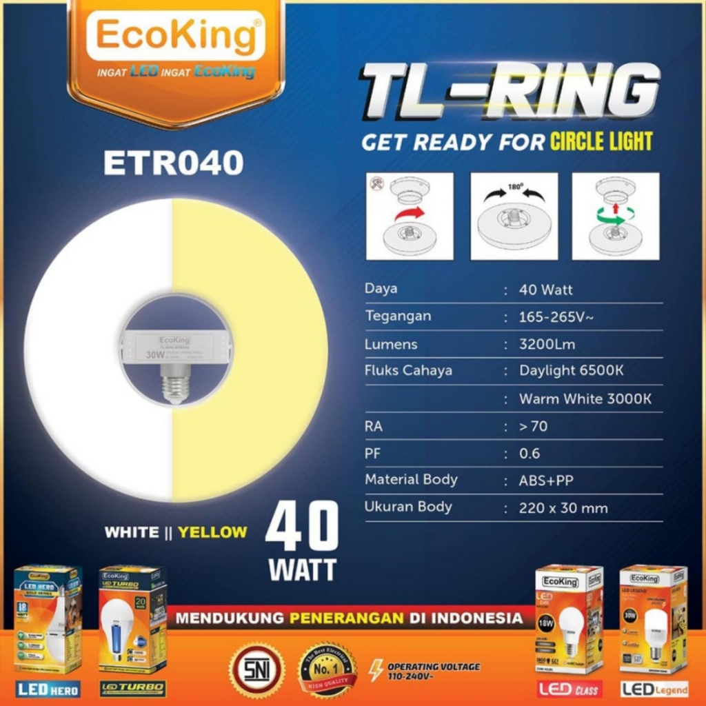 ECOKING Lampu TL Ring LED Rumah 30W 40W 30 Watt 40 Watt Putih Kuning E27 Original